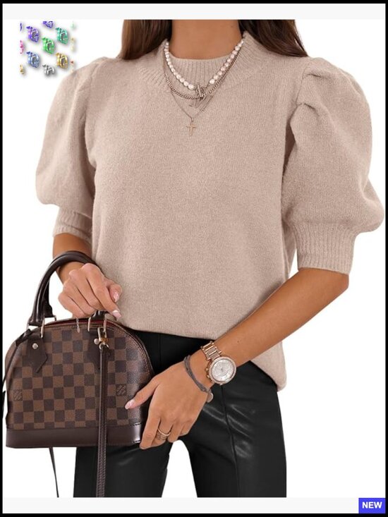 Sweaters - Puff Short Sleeve Sweater Top Crew Neck Knit Casual T-Shirt Blouse Trendy Soft